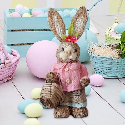 Easter Bunny Figure, Straw Rabbit Statue, Animal Sculpture for Bedroom Decoration