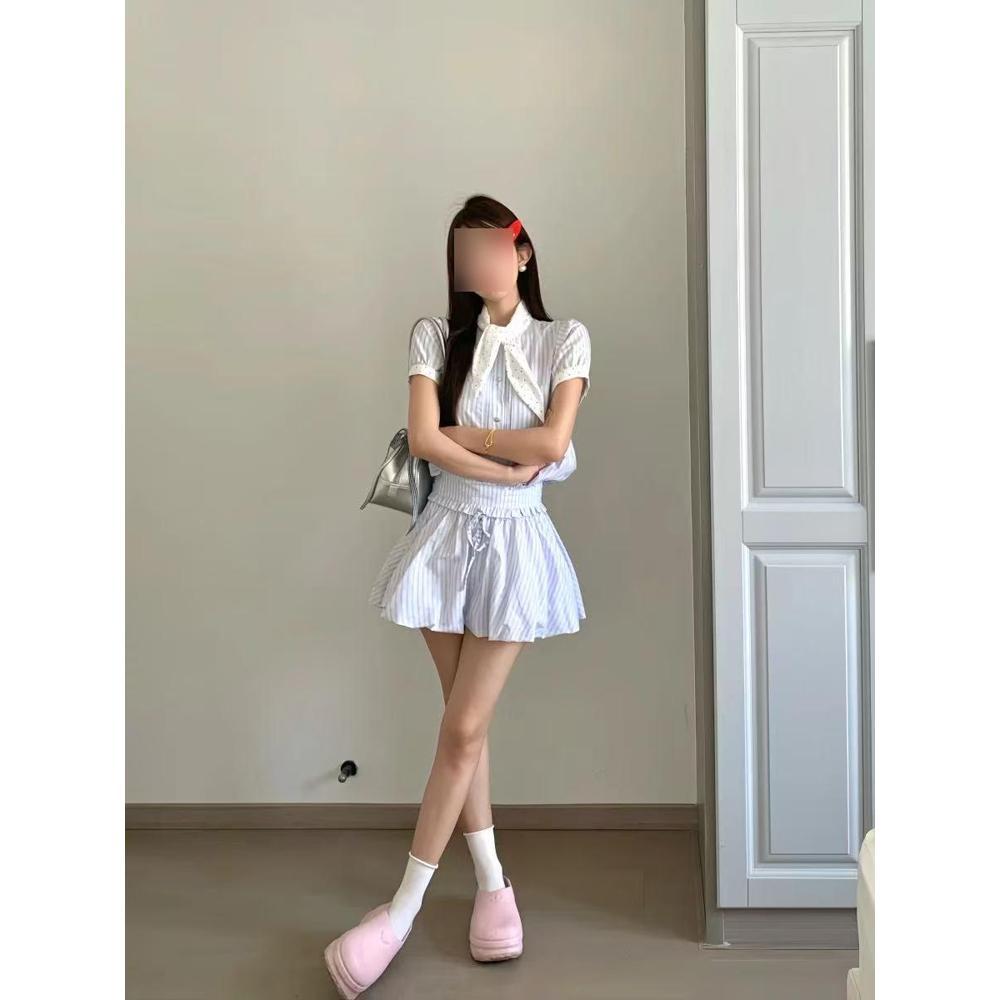 New Small Korean College Style Women's Clothing Summer Wear Temperament Short Skirt Shirt Striped Dress Elegant