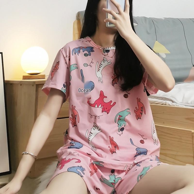 Women's Cute Summer Pajama Set - Short-Sleeved Top & Shorts, Casual Cartoon Loungewear for Indoors and Out.