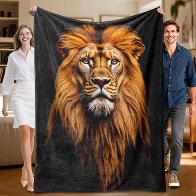 1 Piece Lion-themed Black Flannel Blanket, Soft, Suitable for Sofa, Bed, Office, All-season Use.