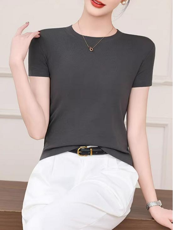 Women's Slimming Round Neck Short Sleeve T-shirt - Versatile, Breathable Solid Color for Spring/Summer