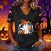 Women's Halloween Print V-Neck Short Sleeve Pullover Top for Casual Wear