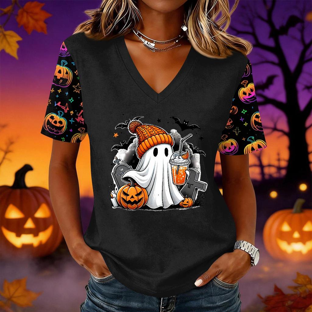 Women's Halloween Print V-Neck Short Sleeve Pullover Top for Casual Wear