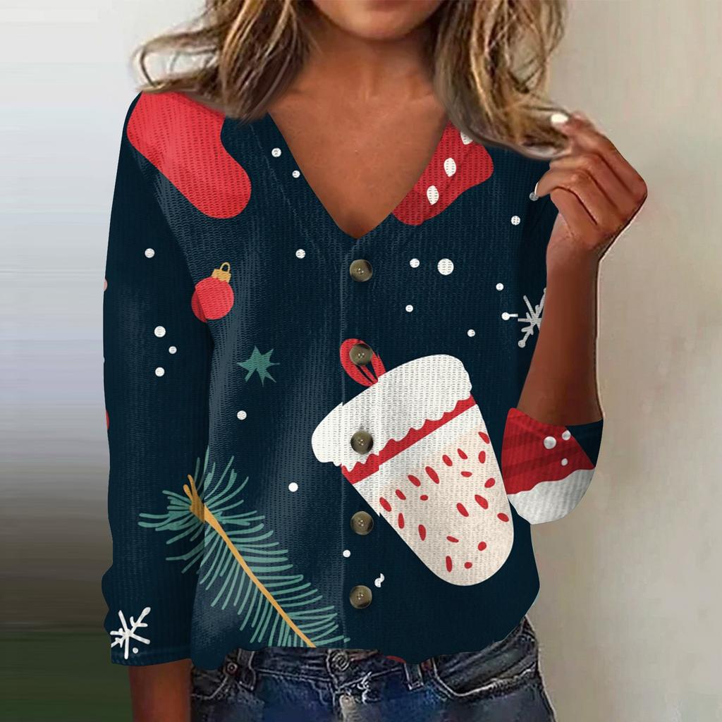 Damen Mode Print Langarm Strickjacke mit Knopfleiste