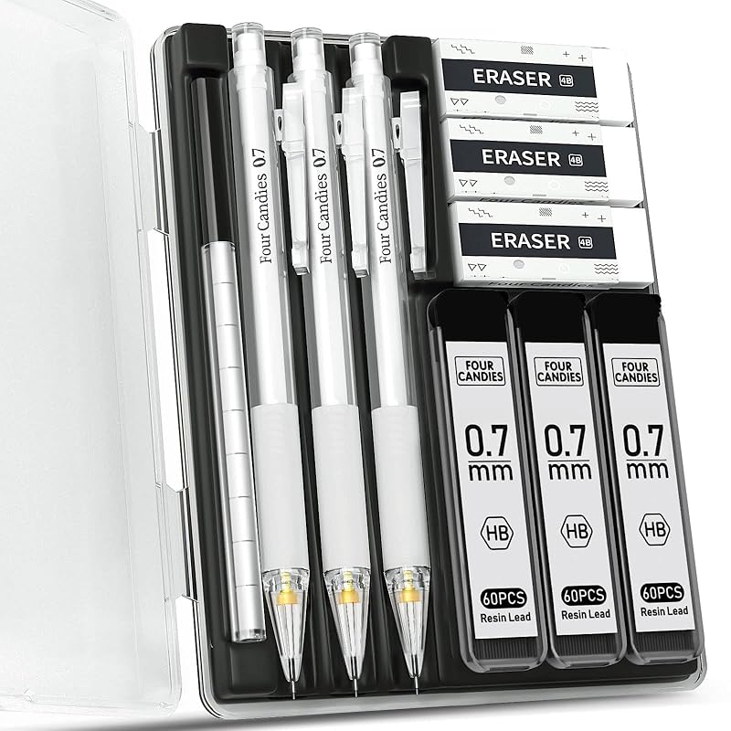 

Four Candies mechanical pencil set clear pencil With case 0.7mm 3 pieces HB core refill 180 pieces With eraser white frost mechanical pencil For