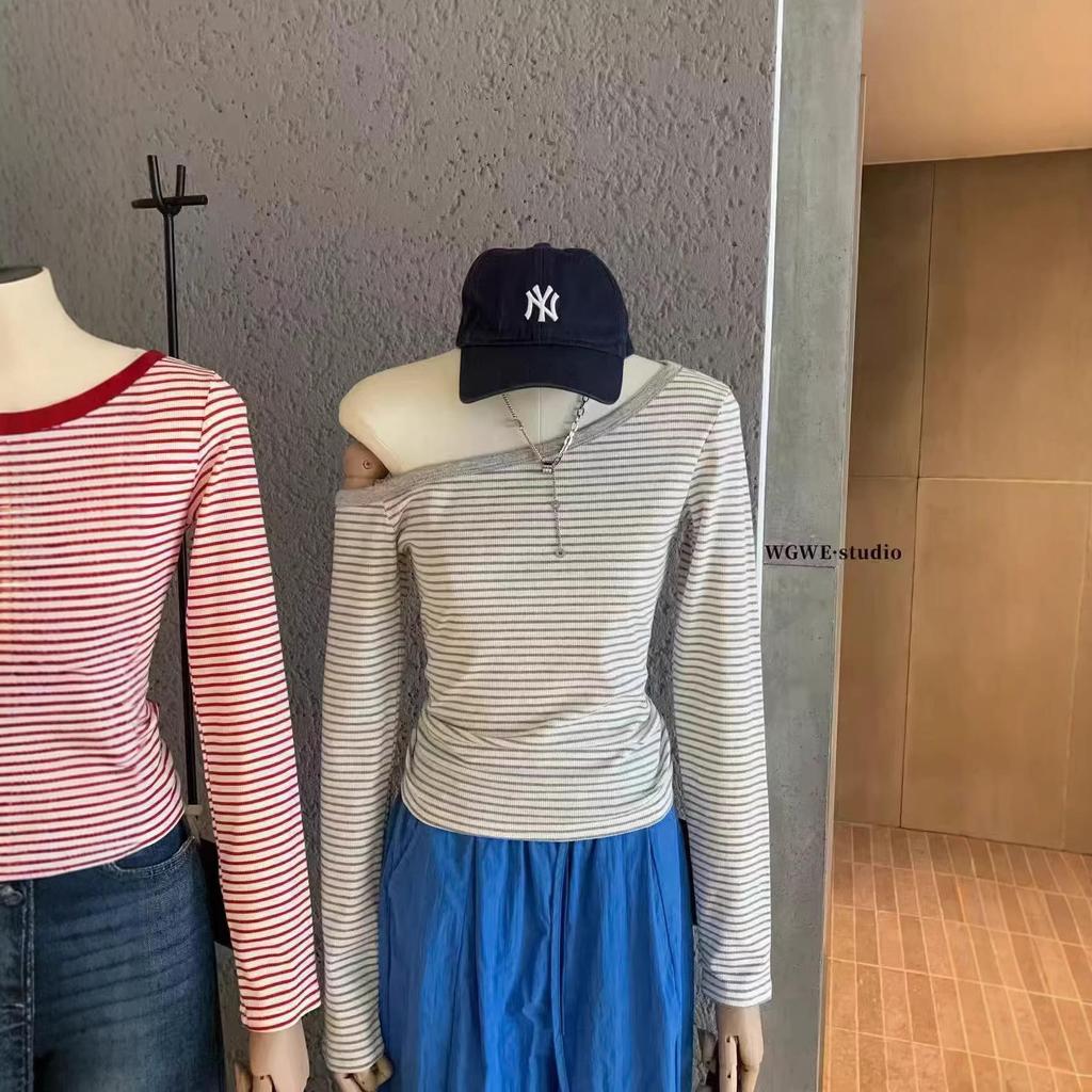 Pure Desire Striped Spicy Girl One-Shoulder Long-Sleeve Cropped Top - Women’s Slim-Fit Autumn 2026