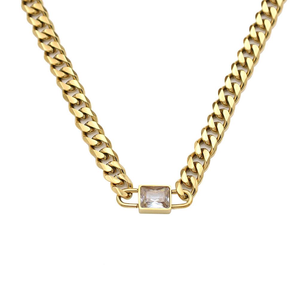 Personalized Trend Square Zircon Cuban Chain Necklace Women'S 18K Gold Titanium Steel Non-Fading Jewelry