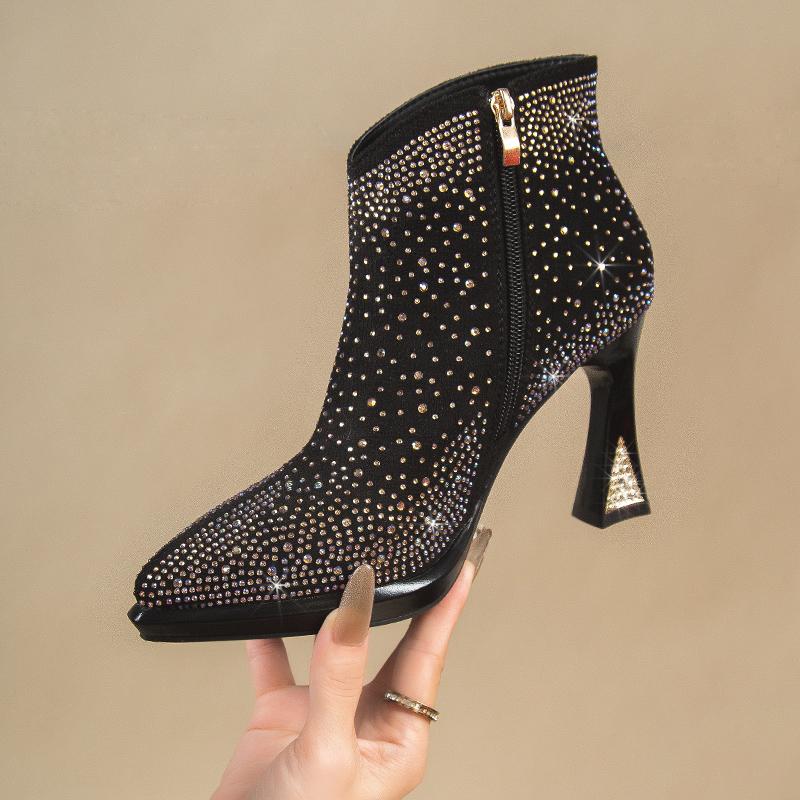 Móda Zima Luxusní Značka Bling Kotníkové Dámské Boty Špičaté Vysoké Podpatky Platforma Jednobarevné Boty Křišťálové Lodičky Botas Mujer