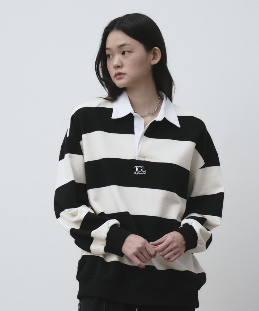 THE GREEN LAB Striped Rugby Collar Sweatshirt [Black]