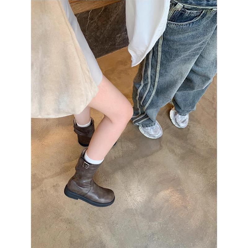 Versatile Retro Simple And Thin Low-Heeled Martin Boots Women'S Buckle Locomotive Knight Boots