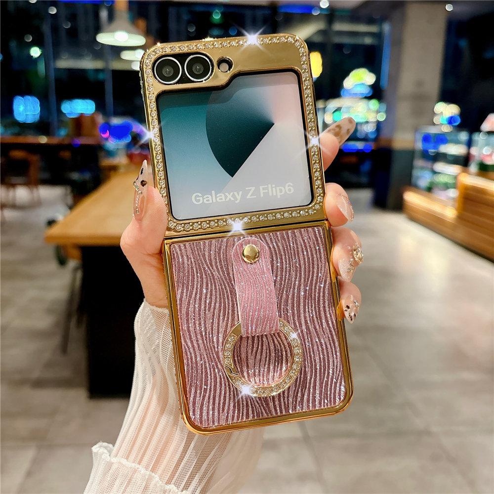 Ring Holder Diamond Case For Samsung Galaxy Z Flip 6 5 4 Zflip 5 Zflip 4 3 Bling Electroplating Cover