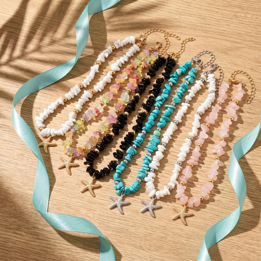 Chip Stone Choker Necklace for Women Starfish Pendant Boho Beach Adjustable Multicolor Summer Fashion Jewelry