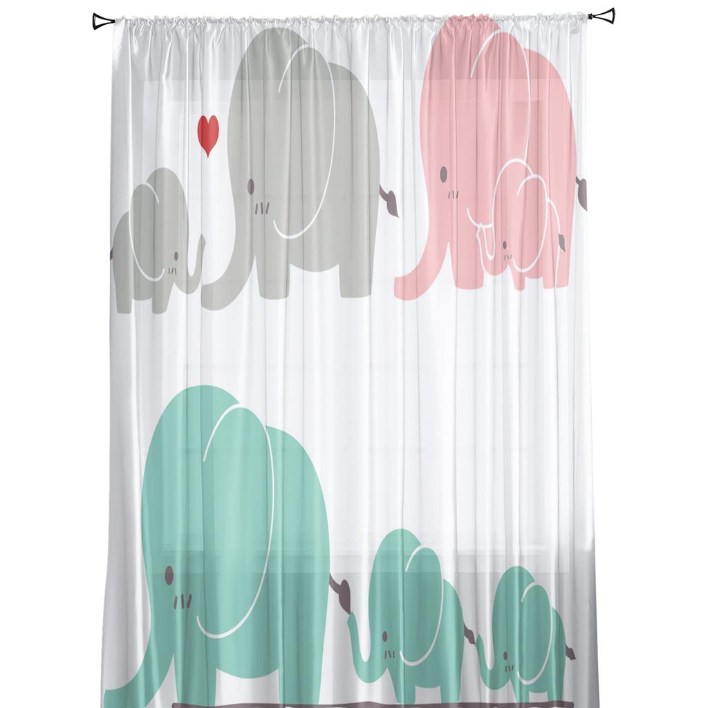 Animal Cute Elephant Love Cartoon Tulle Curtains for Kids Bedroom Living Room Window Treatments Sheer Voile for Kitchen Drapes