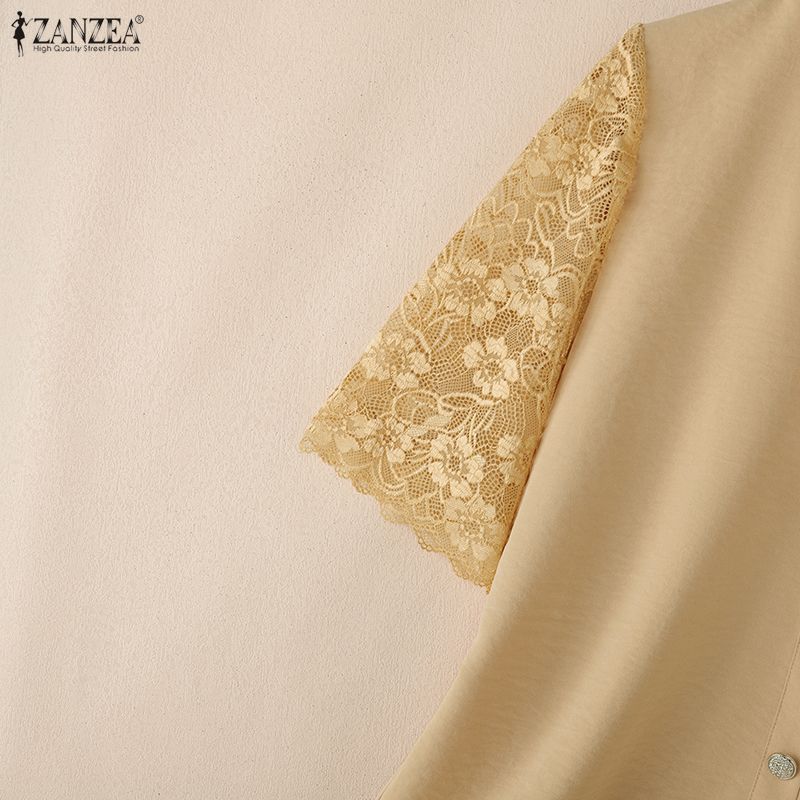 ZANZEA Women Casual V-Neck Loose Lace Splice 3/4 Sleeve Blouse