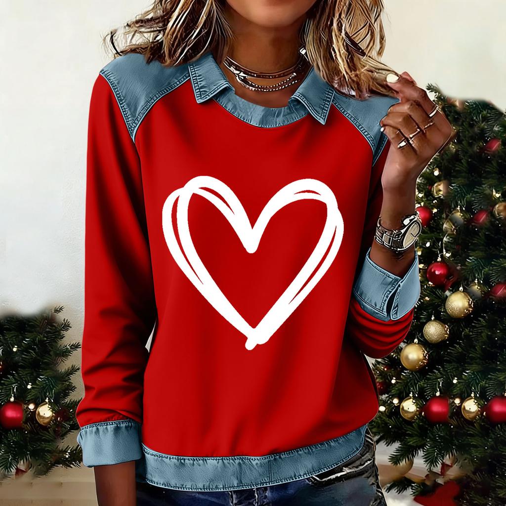 Women's Fashion Flared Long Sleeve Denim Patchwork Sweatshirt Valentine's Day Print Casual Pullover Top
