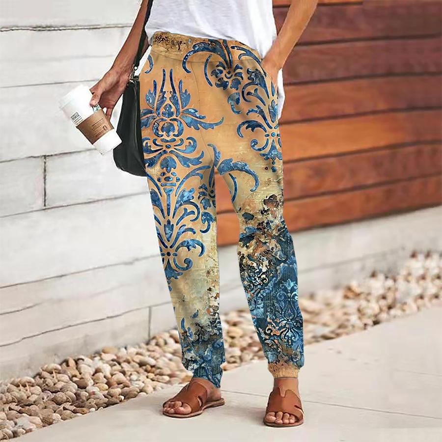 Damen Retro Druck Hose Schnürung Elastischer Bund Lockere Hose Lässige Lange Hose Hose mit Taschen
