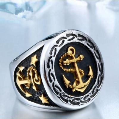 Punk Vintage Gold Silver Colour Anchor Biker Ring for Men Jewerly