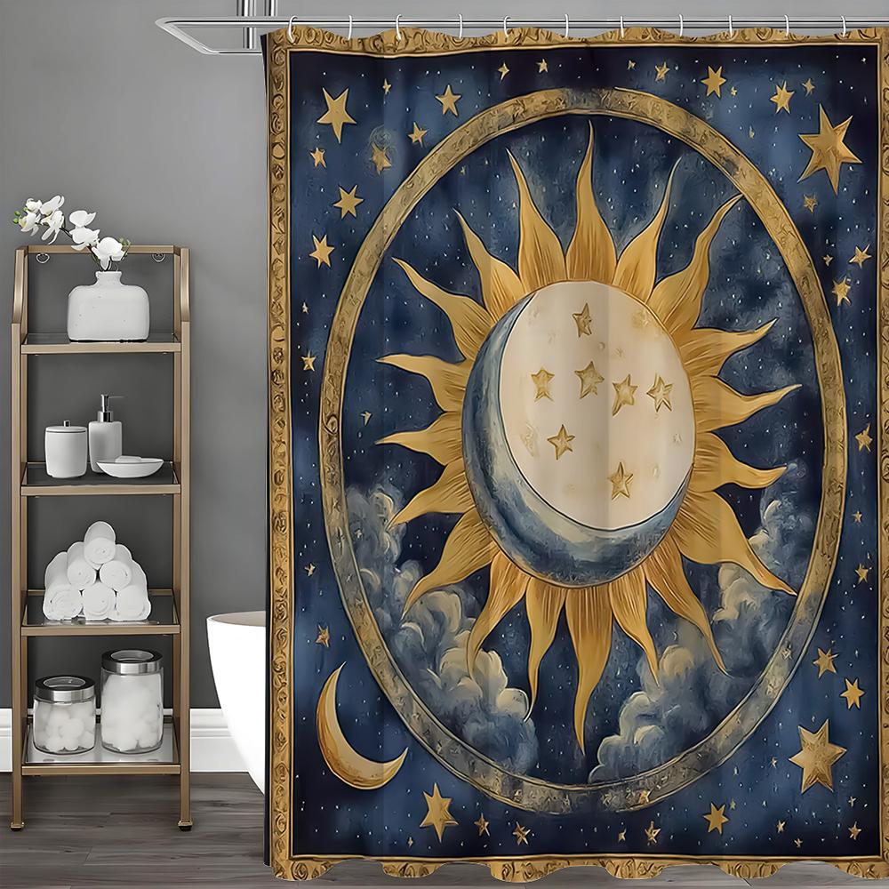Sun Moon Star Shower Curtain, Bathroom Decorative Shower Curtain, Waterproof Shower Curtain with Hooks