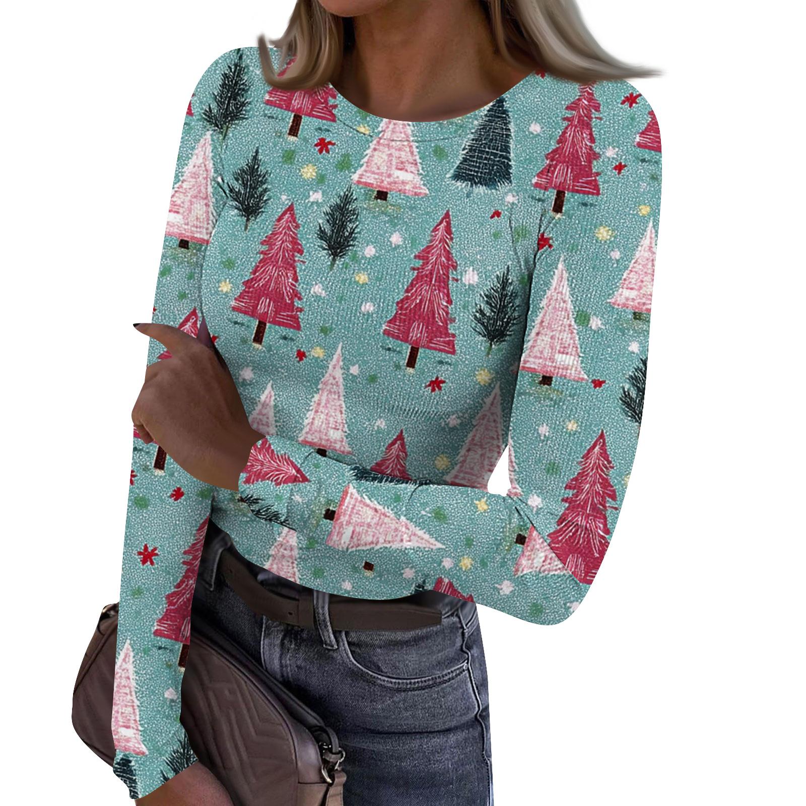 

Women s Fashion Slim-Fit Round Neck Base Layer T-Shirt Christmas Print Long-Sleeved Top XL небесно-голубой