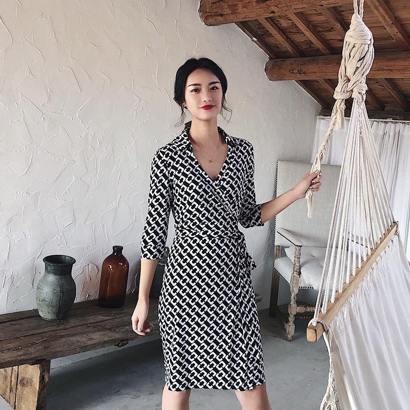 Women's Stand Collar High Waist Wrap Dress - Black & White, 3/4 Sleeve for Summer/Autumn