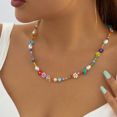 Jewelry, Simple Rice Bead Woven Imitation Pearl Necklace, Ethnic Mix and Match Small Daisy Gravel Necklace for Women