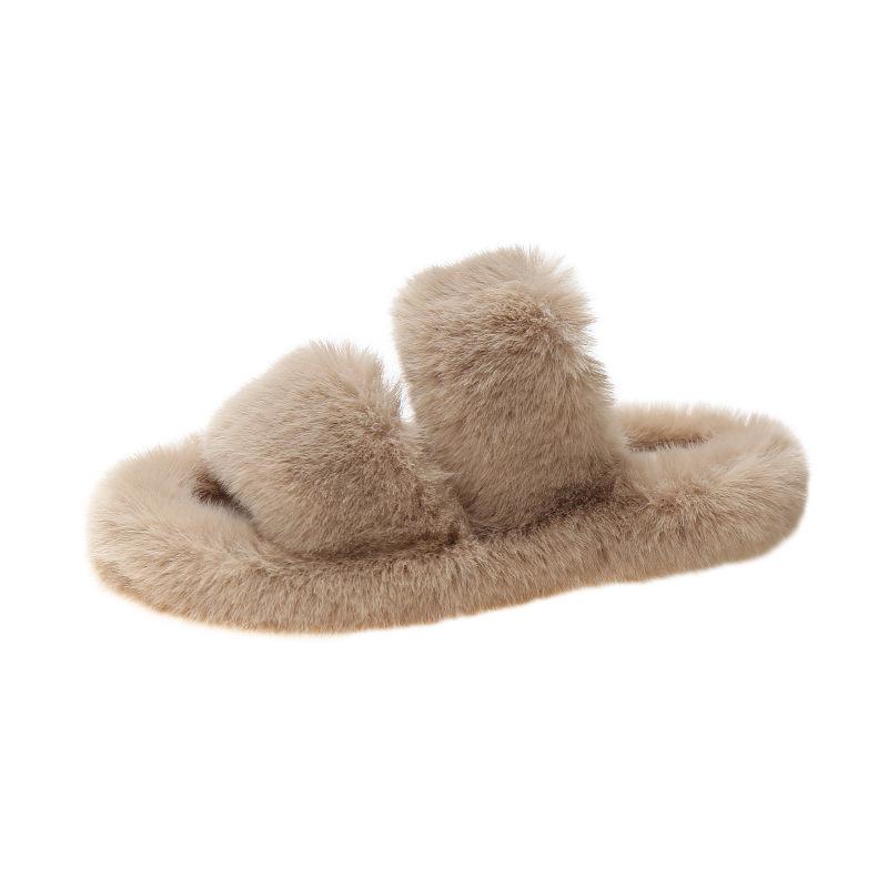Internet Celebrity One-word Fluffy Slippers Women's Autumn 2025 New Popular Versatile Thick Bottom Heightening Plush Cotton Drag Outside Wear