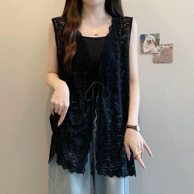 

Women s Plus Size Lace Vest Summer Thin Loose Vest for Outerwear Sleeveless Cardigan Top 3XL чорний