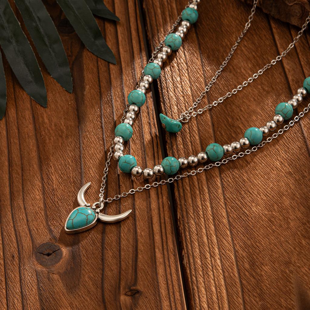 Retro Imitation Turquoise Cow Head Collarbone Necklace, Exotic Ethnic Style Cactus Stacked With Beaded Necklace