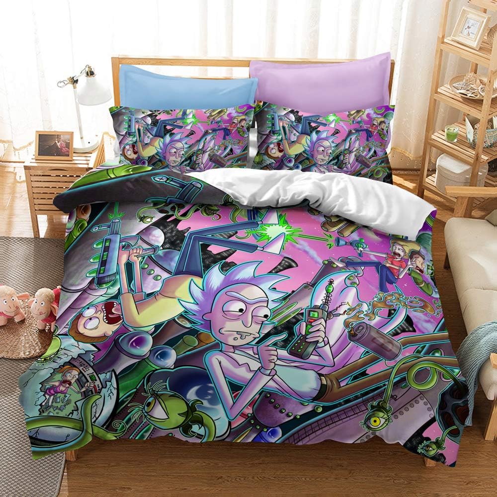 3D Duvet Cover King Size Anime Bedding Set Ric-K And Mort-Y Duvet Sets Soft Breathable Poly Cotton Quilt Cover With Pillowcases