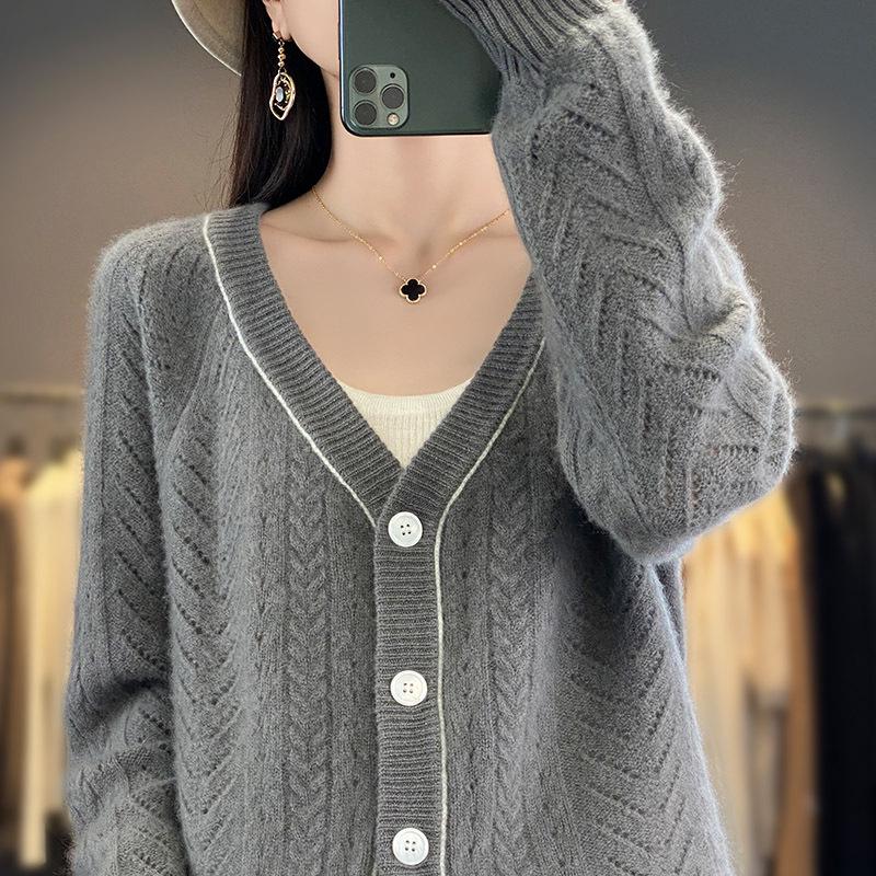 Damen Strickjacke aus Wolle mit hohlem V-Ausschnitt - Herbst/Winter Langarm Kaschmirpullover