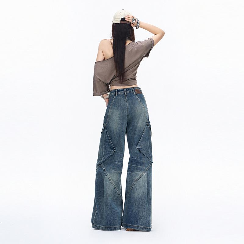 American retro tooling jeans women's autumn new design sense niche loose high waist thin wide leg pants