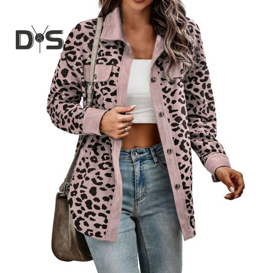 Women Spring Autumn Thin Shirt Coat Lapel Long Sleeve Single Breasted Leopard Patchwork Color Loose Fit Jacket Outwear