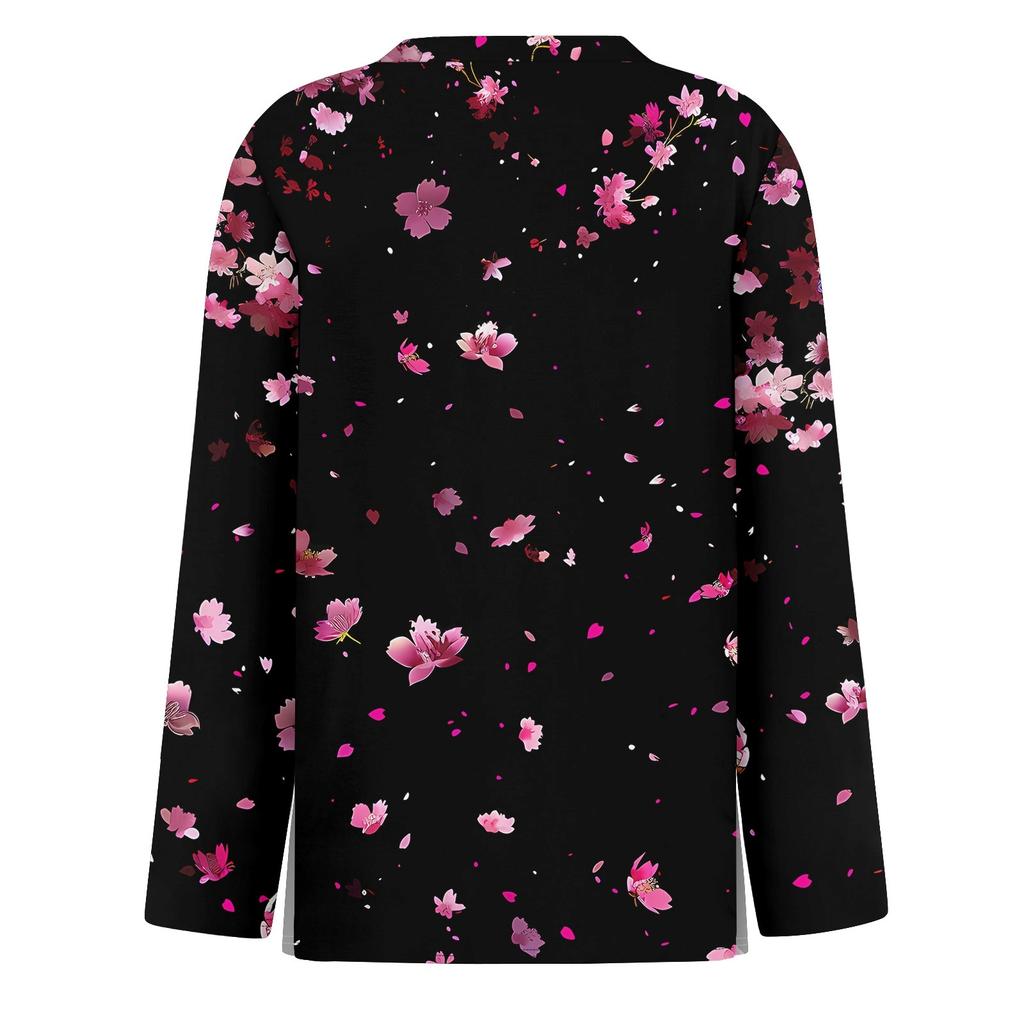 Damenmode Lässig Schlitz Saum Rundhals Langarm Lose Bedrucktes T-Shirt Damen Top