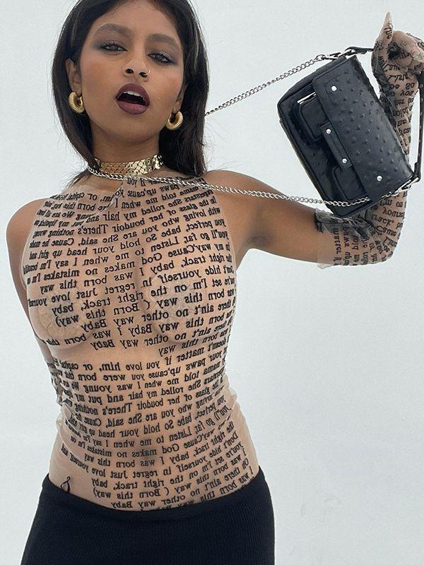 

Tooxika Женская футболка с круглым вырезом и принтом в виде букв, сексуальная прозрачная L