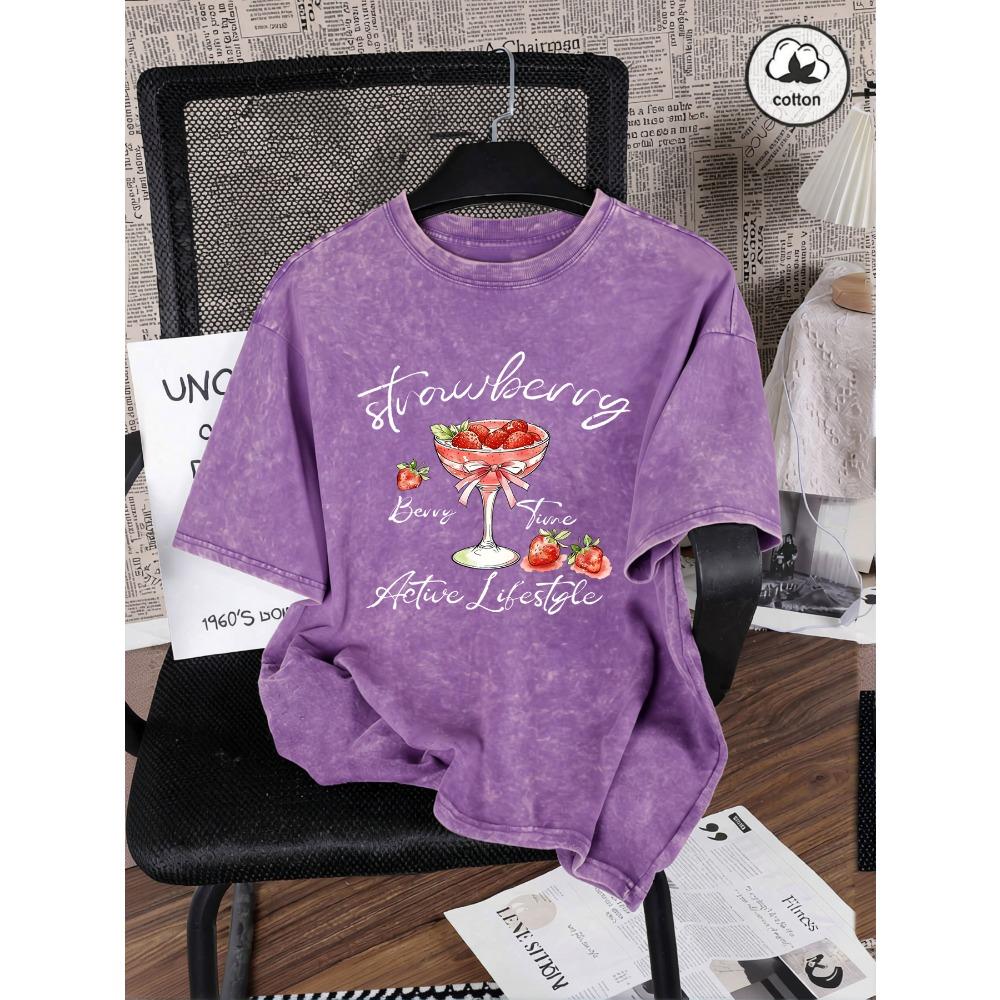 Delicious Strawberry Shake Print Women Washed T Shirts Hip Hop Summer T-Shirt Loose Short Sleeves Cotton Streetwear