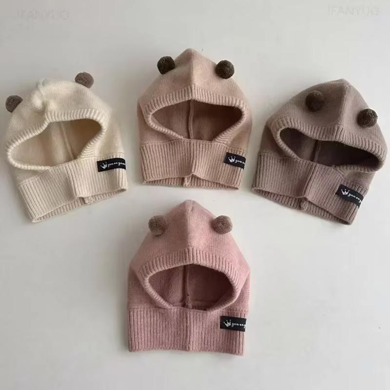 2Pcs Cute Baby Balaclava Hat Winter Warm Toddler Ear Protection Cap Scarf Cartoon Pompom Kids Boys Girls Knit One-piece Beanies