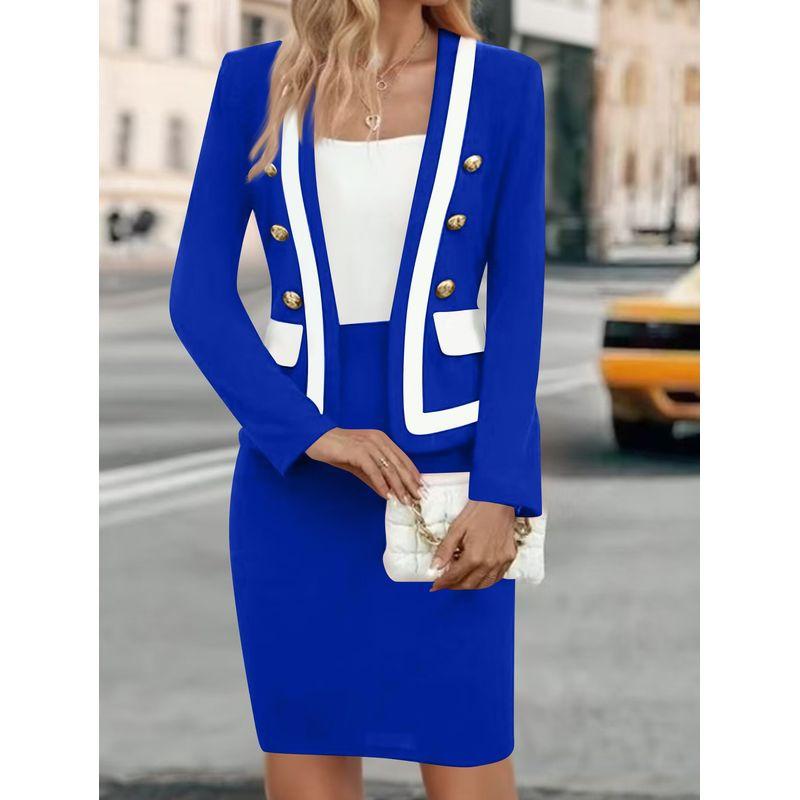 

European and American Slim fit Long sleeve Elegant Business Wear Dress Outfit Sexy Hip Skirt Women clothes Skirt Suit Blue XXL