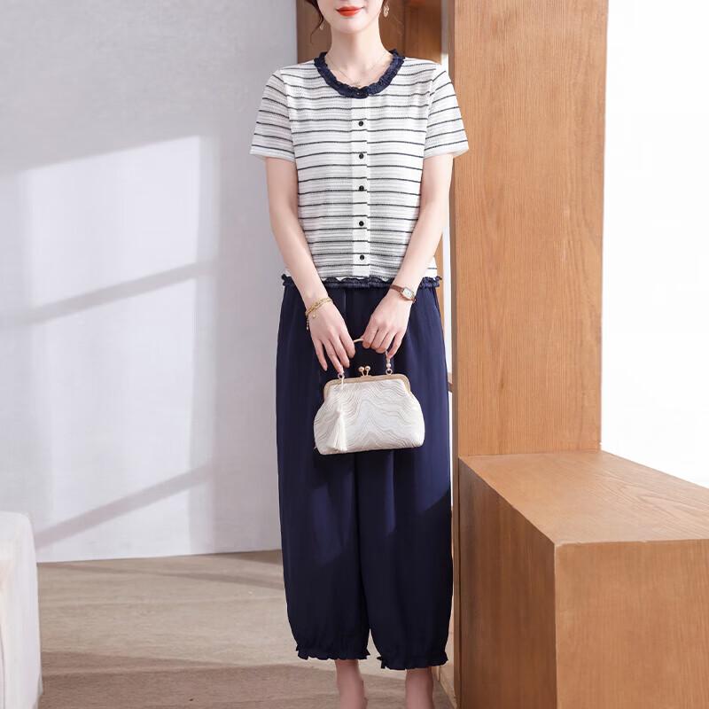 

New Chinese Style Short Sleeve Top & Wide-Leg Pants Set XL