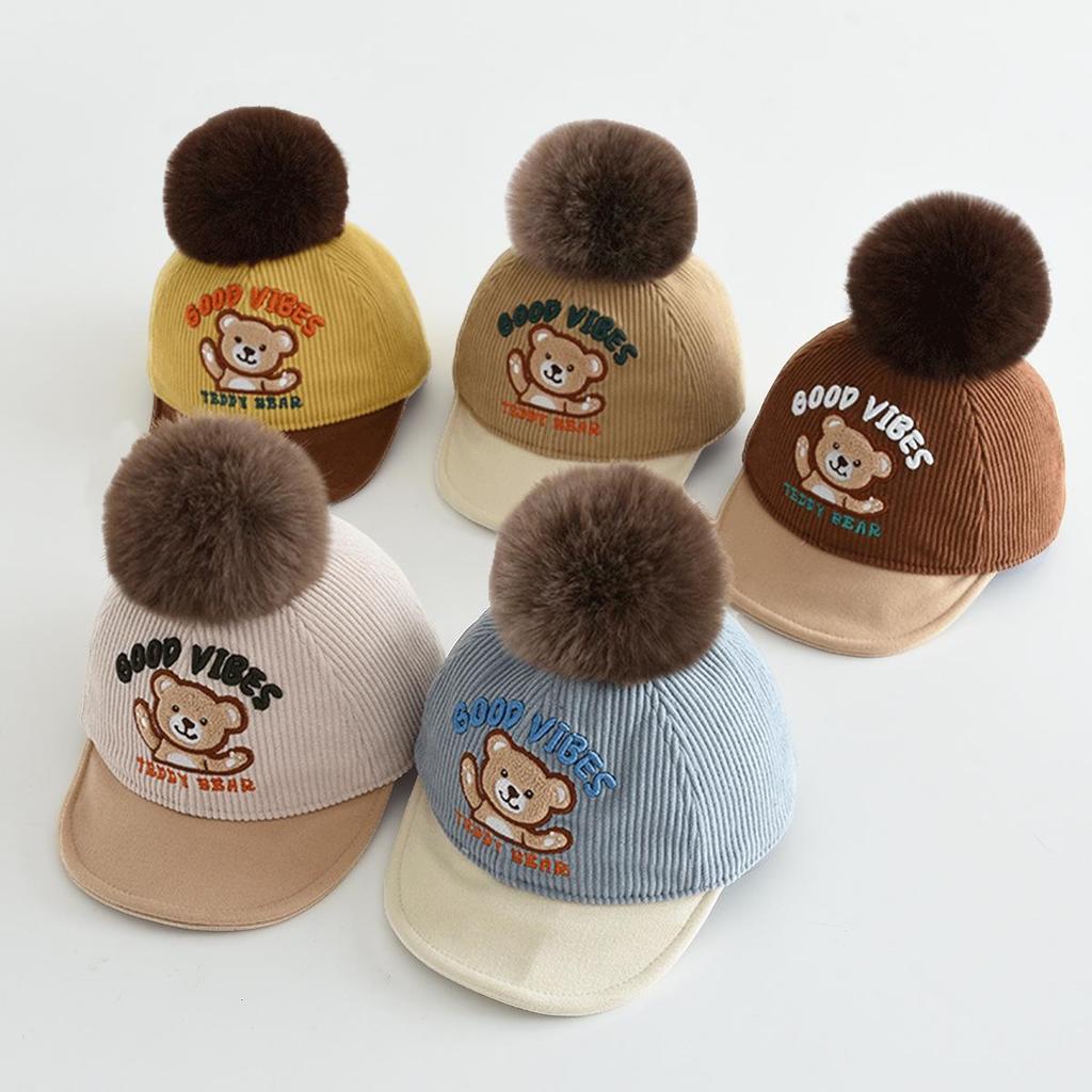Children's Warm Cartoon Bear Duckbill Baseball Cap with Pom-Pom
