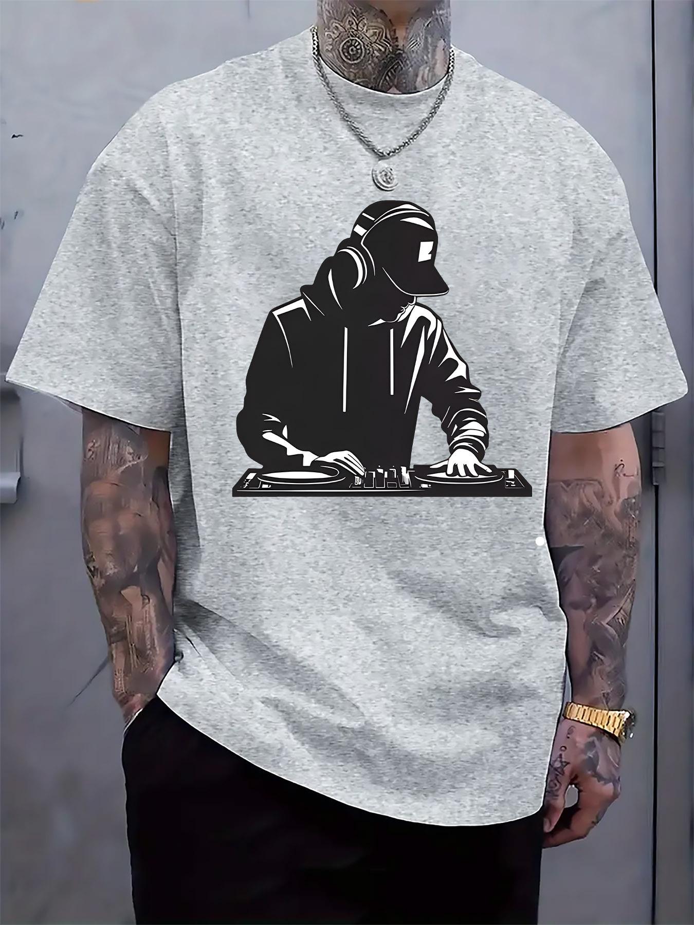 Trendy DJ Mixing Silhouette Print T-shirt - Casual Crew Neck S