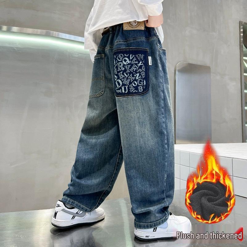 2025 Jungen Samtgefütterte Straight-Leg Jeans: Trendige Teenager-Freizeit-Herbsthosen