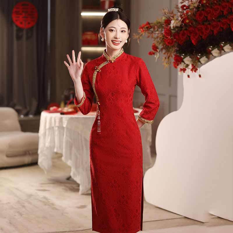 Elegant Red Modern Cheongsam Dress Women Long Sleeve High Neck Vintage Style Wedding Guest Outfit
