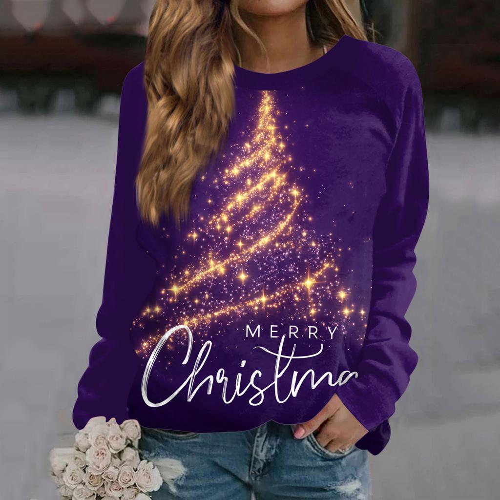 Women's Fashion Casual Long Sleeve Christmas Printed  Neck Sweatshirt Top
