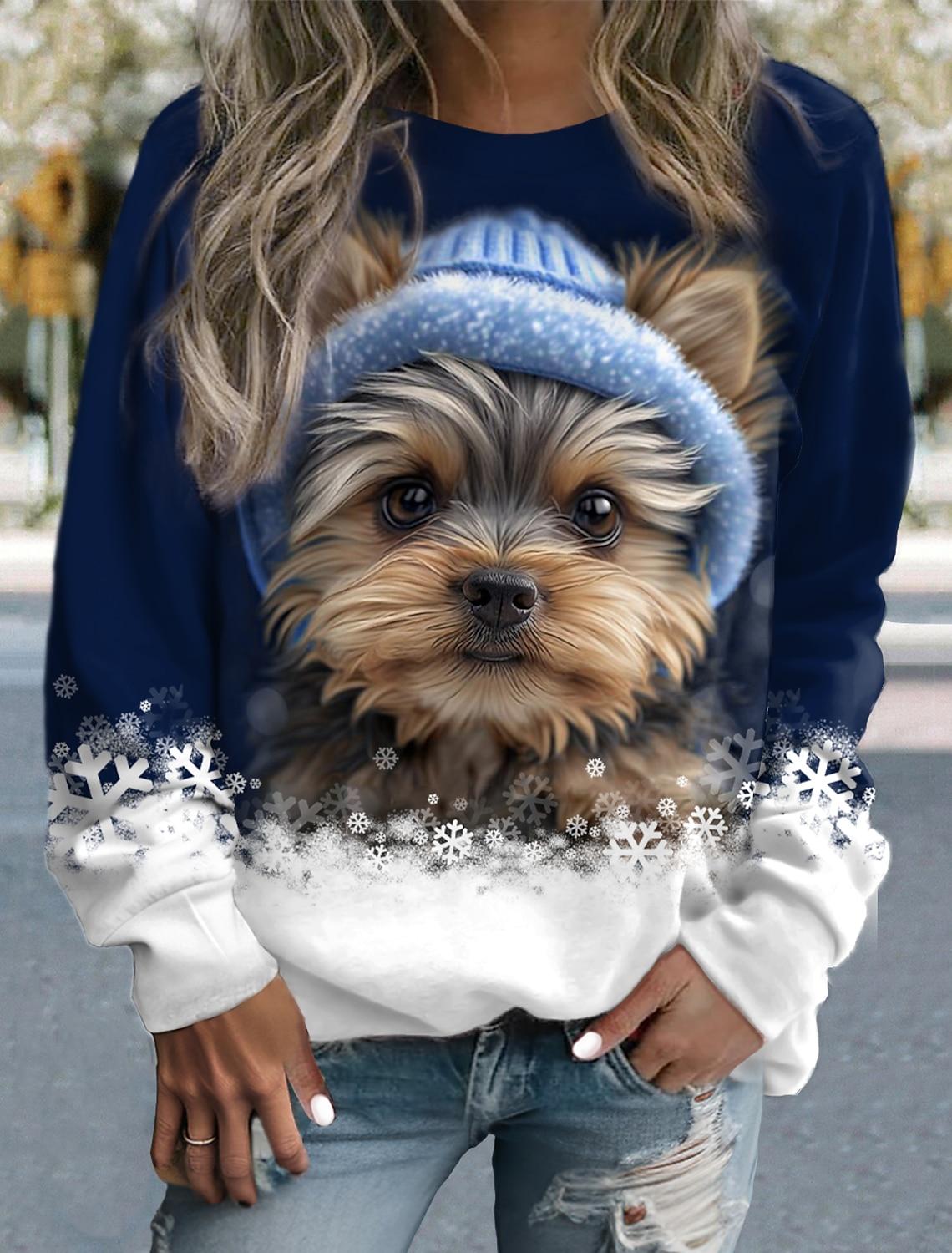 

Женский пуловер большого размера, свитшот, мода с собаками, повседневная спортивная футболка, активная спортивная одежда, 3D-принт, круглый вырез, длинный рукав, топ, женская одежда 6XL