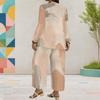 Women Plus Size Two Piece Set Round Neck Long Sleeve Printed Layered Top Wide Leg Cropped Pants