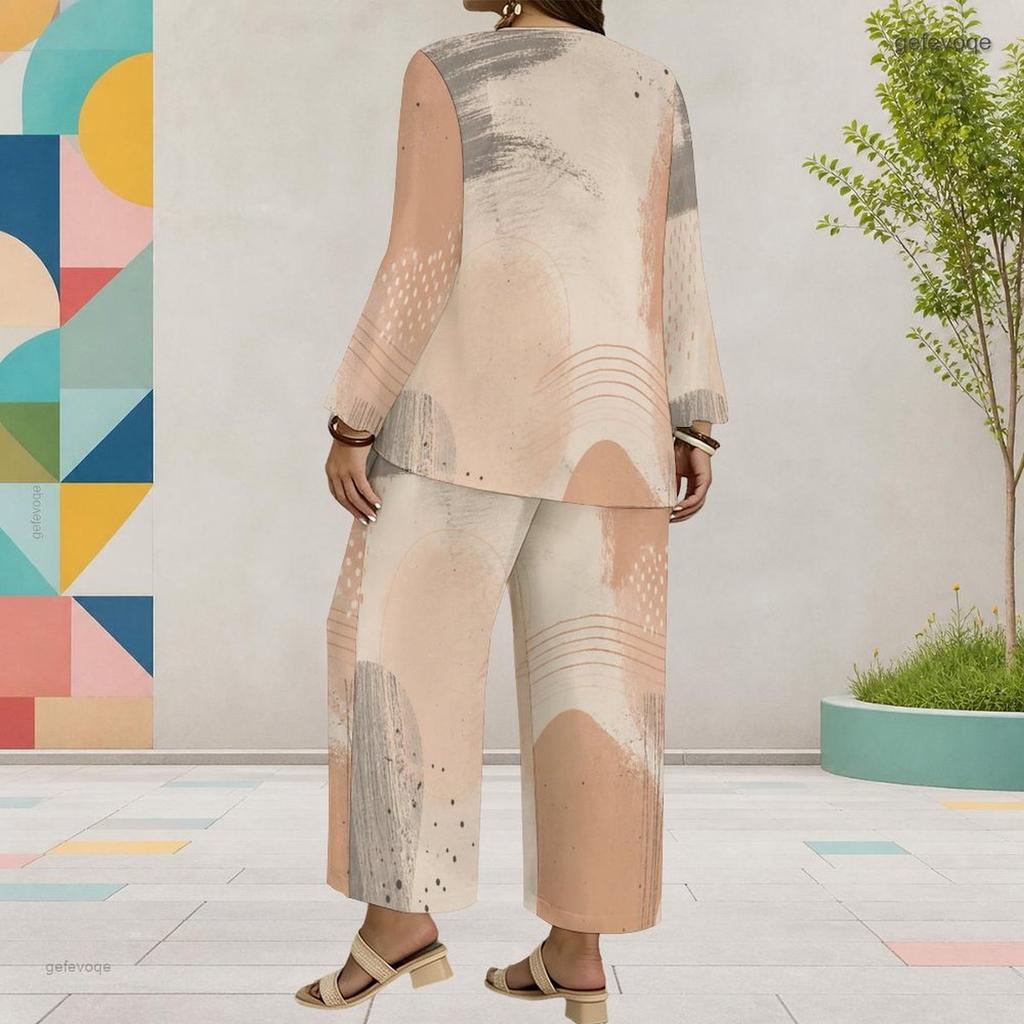 Women Plus Size Two Piece Set Round Neck Long Sleeve Printed Layered Top Wide Leg Cropped Pants