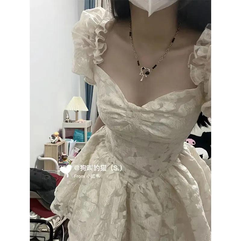 Spring and Summer New Jacquard Doll Skirt Bubble Sleeve Dress Retro Style Sweet Splicing Square Neck Princess Dress