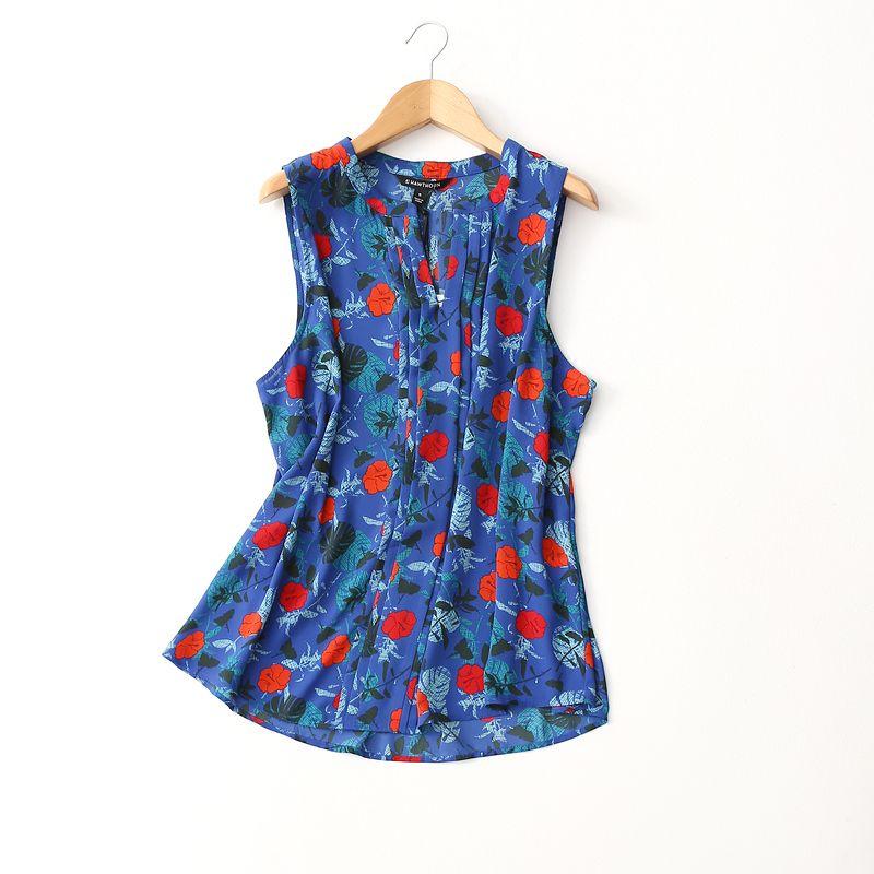 

Export Tail Single Organ Pleated Print Sleeveless Chiffon Shirt Plus Size Ladies Wide Shoulder V Neck Vest Export Plus Size Women s Clothing Blue Print Euro-2X (Bust size 126)