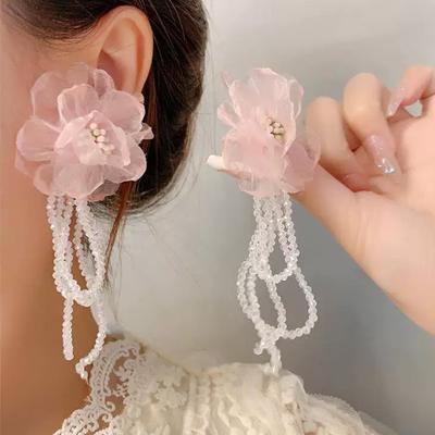 Super Fairy Sweet Mesh Flower Fringed Crystal Long Earrings Women, Silver Needle Small Fresh Earrings Earrings