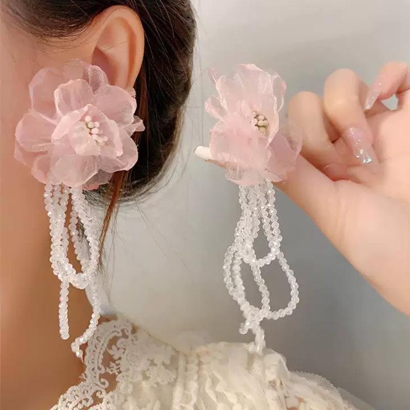 Super fairy sweet mesh flower fringed crystal long earrings women, silver needle small fresh earrings earrings